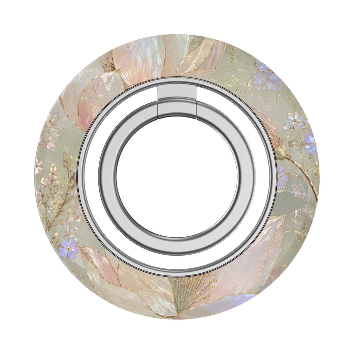 Pearl Garden MagSafe Ring Holder featuring luminous ivory and blush florals, soft sage botanical details and delicate gold accents with a silver magnetic ring, an elegant floral phone grip and stand.