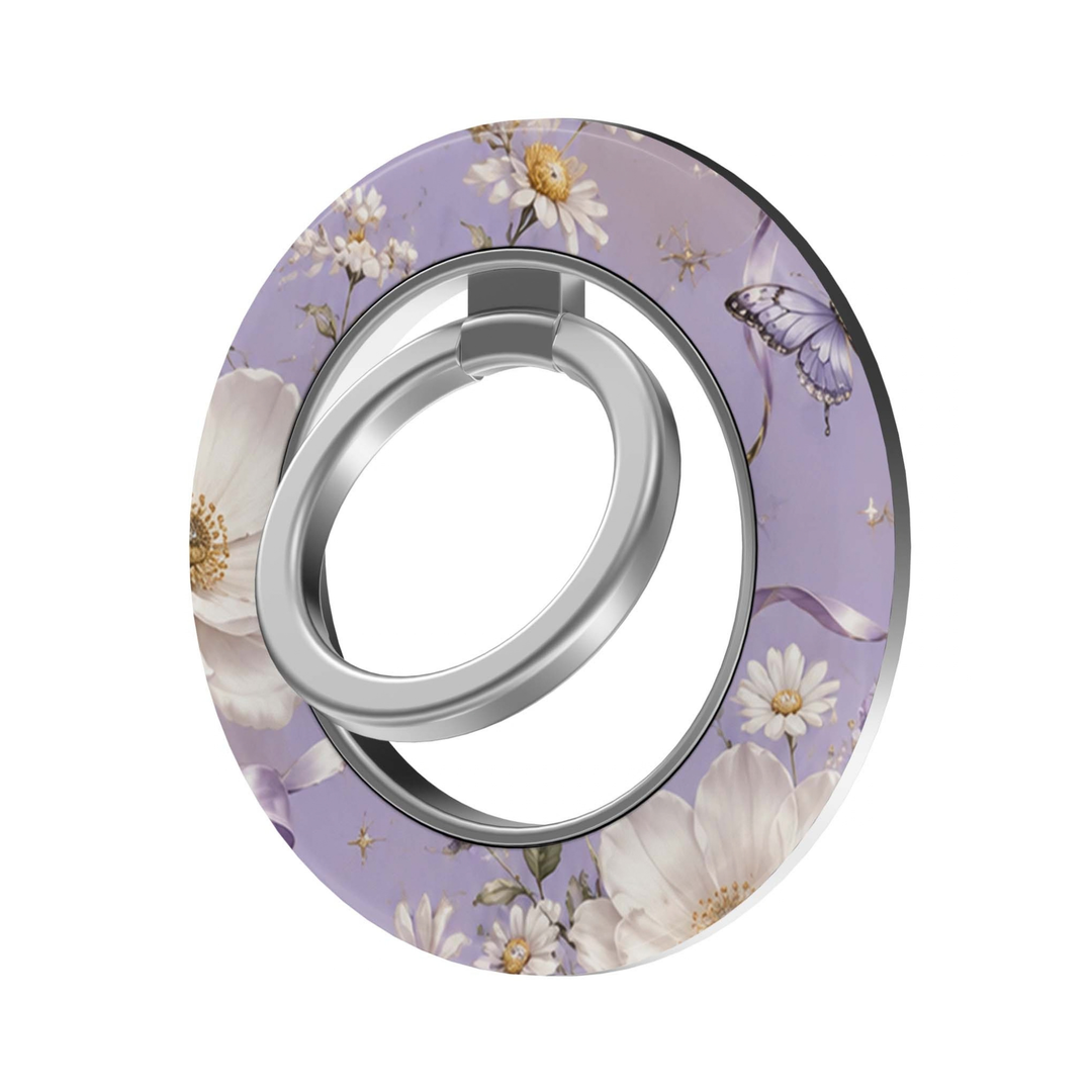 Lavender Butterfly Garden MagSafe Ring Holder featuring delicate white flowers, daisies and lavender butterflies on a pastel purple background with a silver magnetic ring, a feminine floral phone grip and stand.