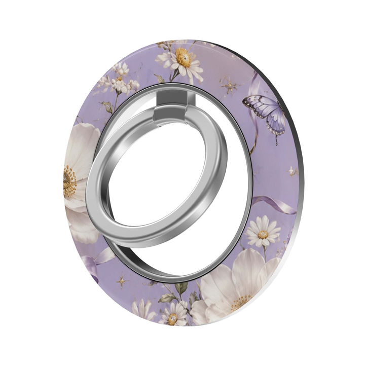 Lavender Butterfly Garden MagSafe Ring Holder featuring delicate white flowers, daisies and lavender butterflies on a pastel purple background with a silver magnetic ring, a feminine floral phone grip and stand.