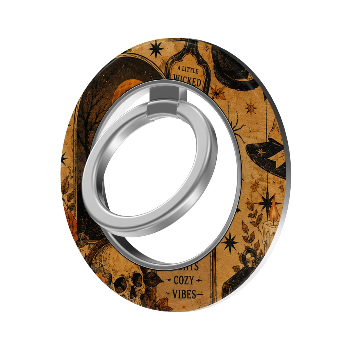 Wicked Cozy MagSafe Ring Holder featuring a vintage orange and black Halloween collage with witchy potion bottles, skulls, stars, botanical details and spooky illustrations, with a silver magnetic phone grip and stand.