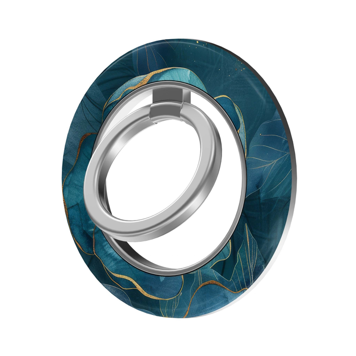 Emerald Bloom MagSafe Ring Holder featuring rich teal, deep blue and emerald botanical florals with elegant gold accents and a silver ring, a luxurious magnetic phone grip and stand for MagSafe-compatible iPhone cases.