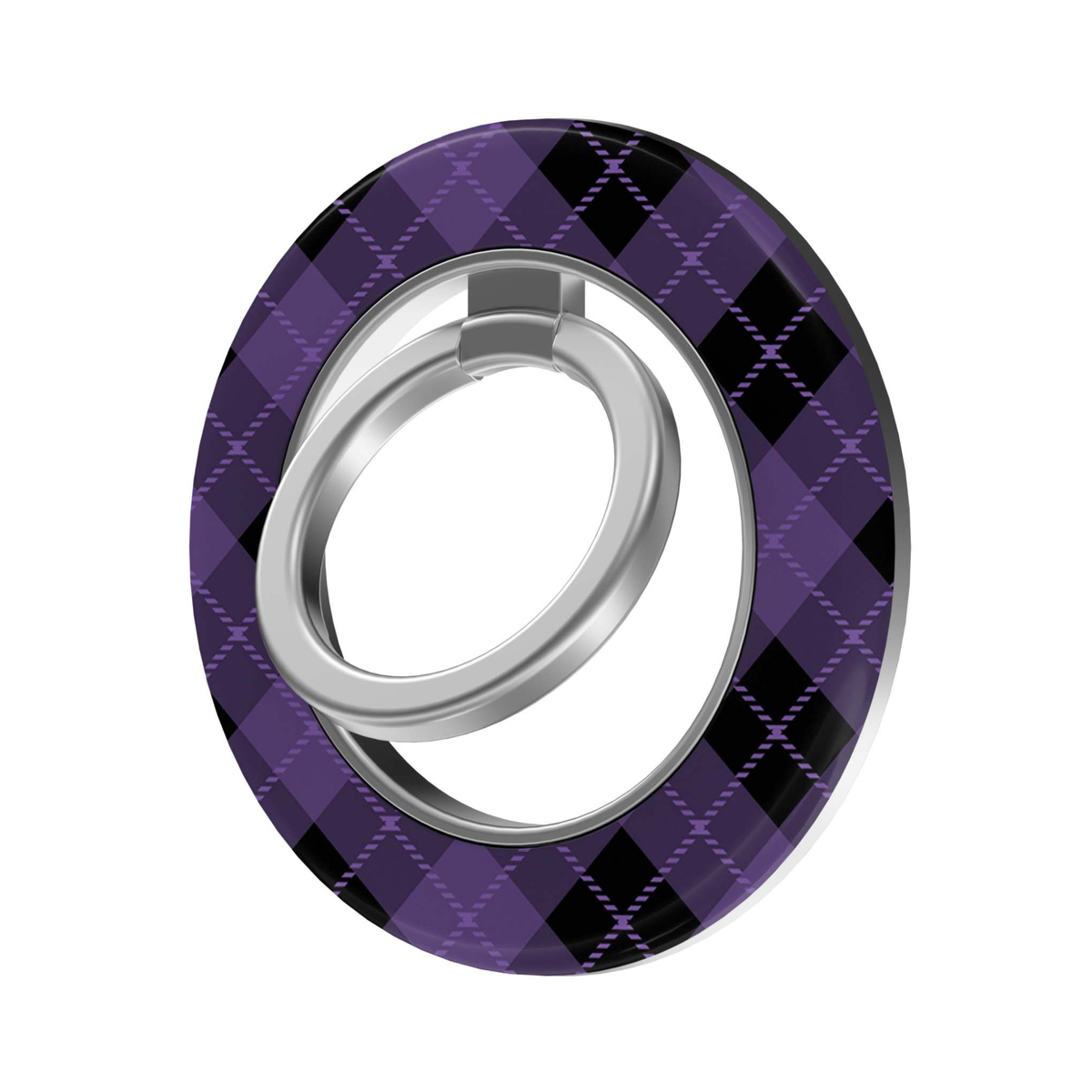 Purple Argyle MagSafe Ring Holder featuring a purple, violet and black argyle diamond pattern with a silver ring, a preppy magnetic phone grip and stand for MagSafe-compatible iPhone cases.