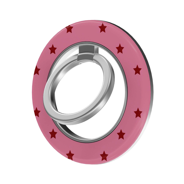 Pink Star MagSafe Ring Holder featuring deep red stars on a soft pink background with a silver ring, a cute preppy magnetic phone grip and stand for MagSafe-compatible iPhone cases.