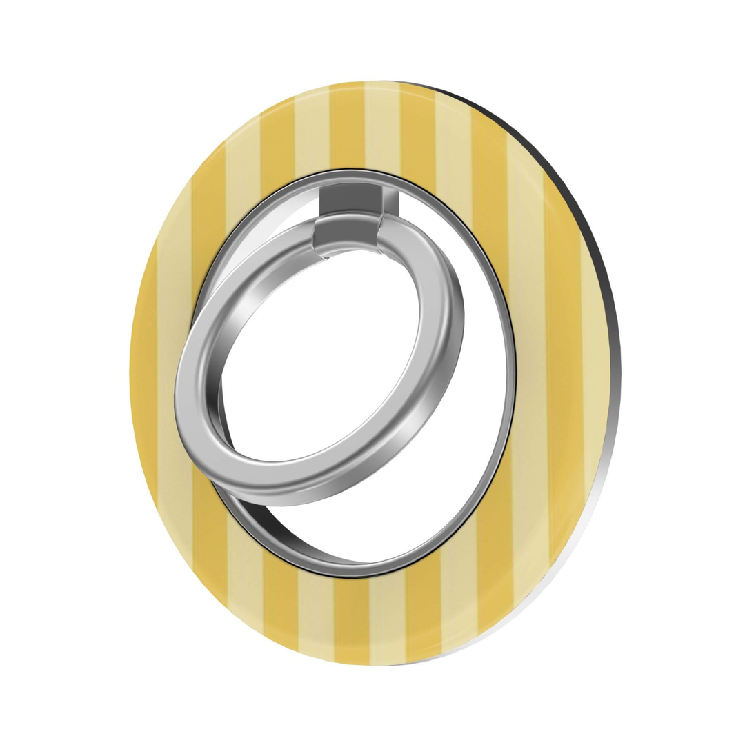 Golden Stripe MagSafe Ring Holder featuring vertical golden yellow and buttery cream stripes with a silver ring, a cheerful preppy magnetic phone grip and stand for MagSafe-compatible iPhone cases.