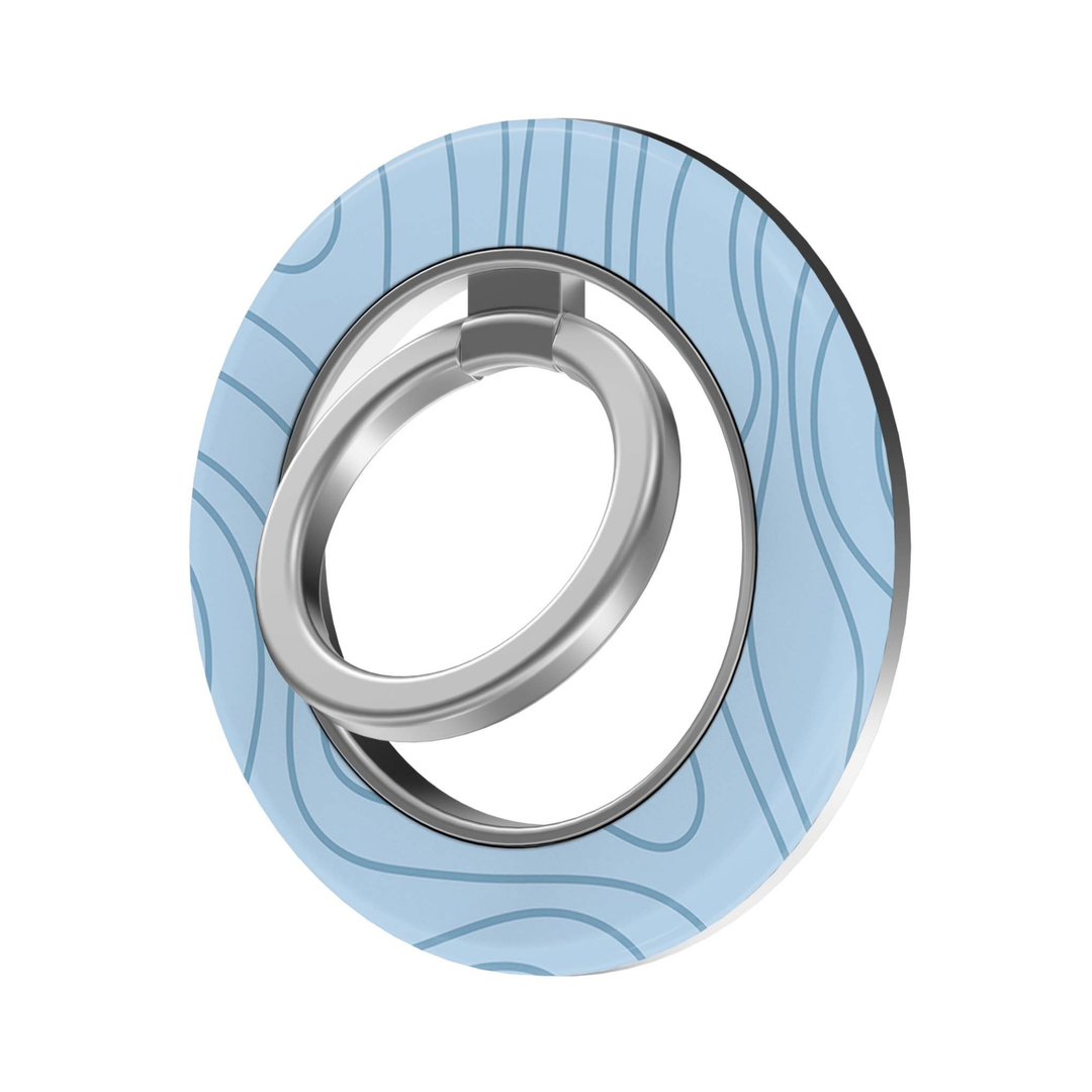 Blue Flow MagSafe Ring Holder featuring soft light blue flowing contour lines with a silver ring, a minimalist pastel magnetic phone grip and stand for MagSafe-compatible iPhone cases.