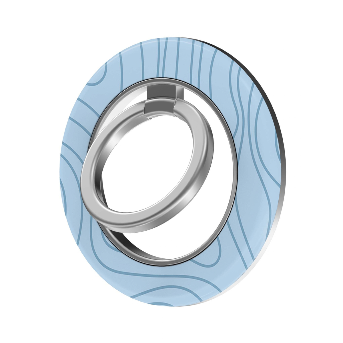 Blue Flow MagSafe Ring Holder featuring soft light blue flowing contour lines with a silver ring, a minimalist pastel magnetic phone grip and stand for MagSafe-compatible iPhone cases.