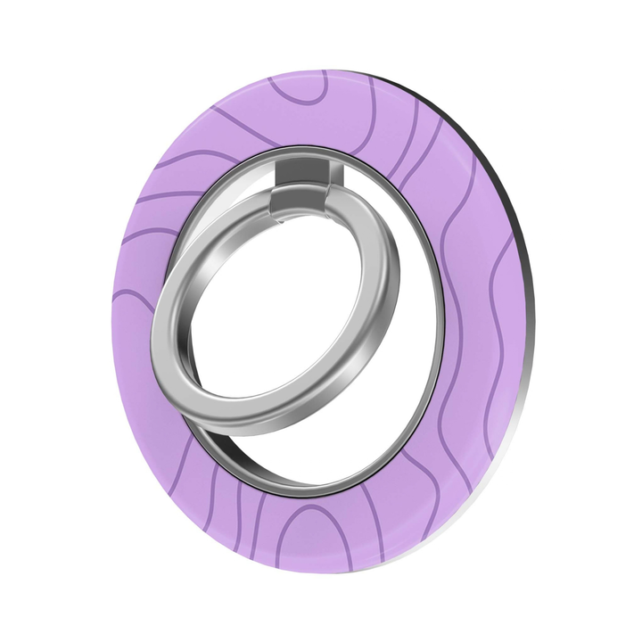 Lavender Flow MagSafe Ring Holder featuring soft lavender and purple flowing contour lines with a silver ring, a minimalist pastel magnetic phone grip and stand for MagSafe-compatible iPhone cases.