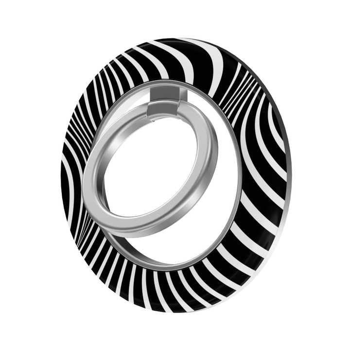 Monochrome Flow MagSafe Ring Holder featuring bold black and white curved optical lines with a silver ring, a modern abstract magnetic phone grip and stand for MagSafe-compatible iPhone cases.