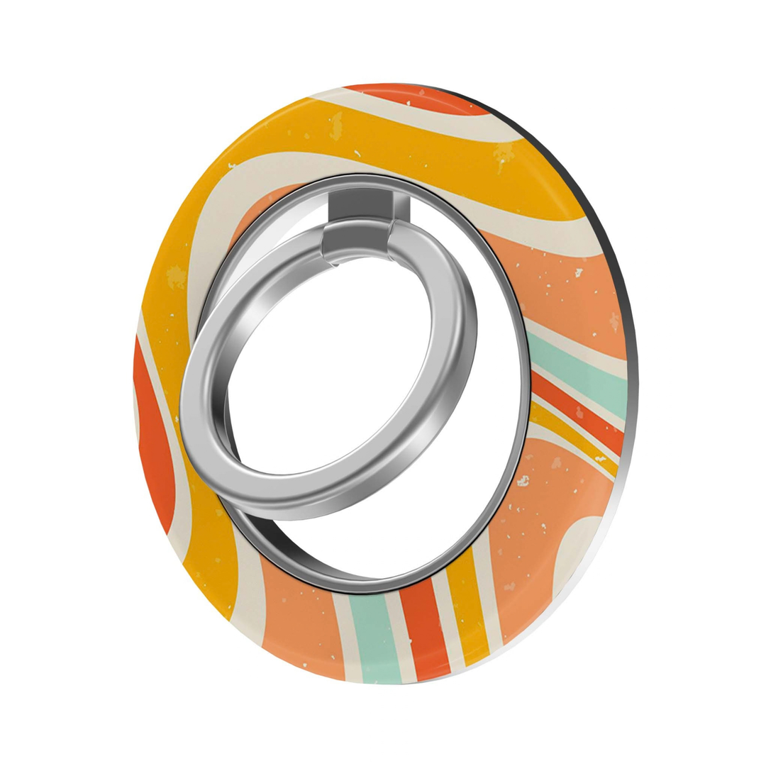 Retro Sunset MagSafe Ring Holder featuring flowing yellow, orange, peach, cream and mint retro waves with a silver ring, a colorful 70s-inspired magnetic phone grip and stand for MagSafe-compatible iPhone cases.