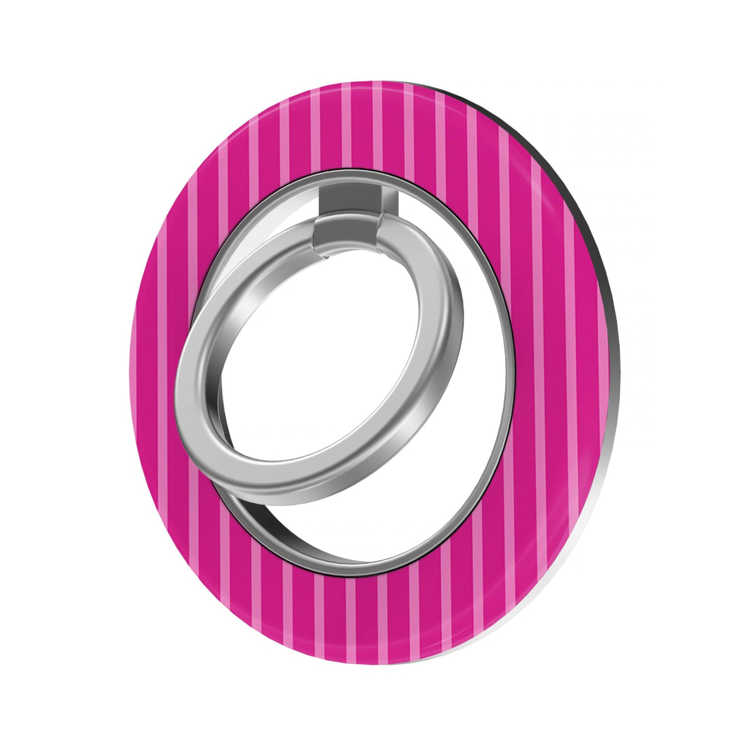 Pink Stripe MagSafe Ring Holder featuring vertical hot pink and blush pink stripes with a silver ring, a bold preppy magnetic phone grip and stand for MagSafe-compatible iPhone cases.