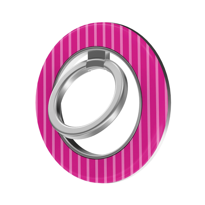 Pink Stripe MagSafe Ring Holder featuring vertical hot pink and blush pink stripes with a silver ring, a bold preppy magnetic phone grip and stand for MagSafe-compatible iPhone cases.