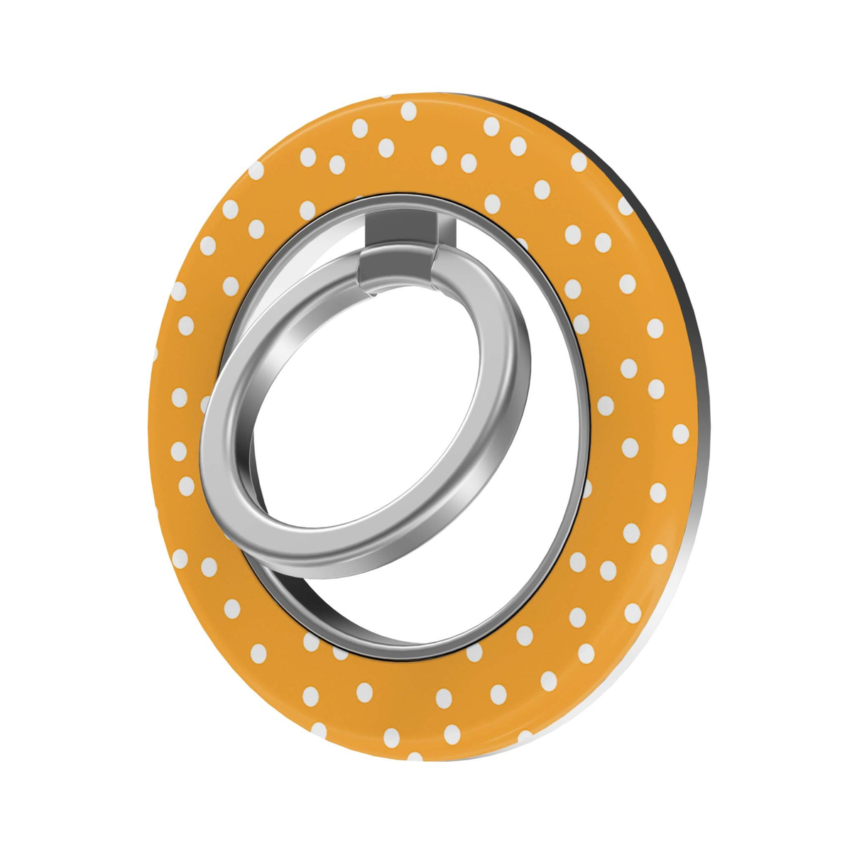 Golden Dot MagSafe Ring Holder featuring white polka dots on a warm golden yellow background with a silver ring, a cute preppy magnetic phone grip and stand for MagSafe-compatible iPhone cases.
