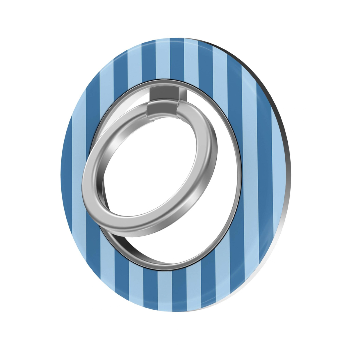 Blue Stripe MagSafe Ring Holder featuring vertical classic blue and light blue stripes with a silver ring, a preppy magnetic phone grip and stand for MagSafe-compatible iPhone cases.