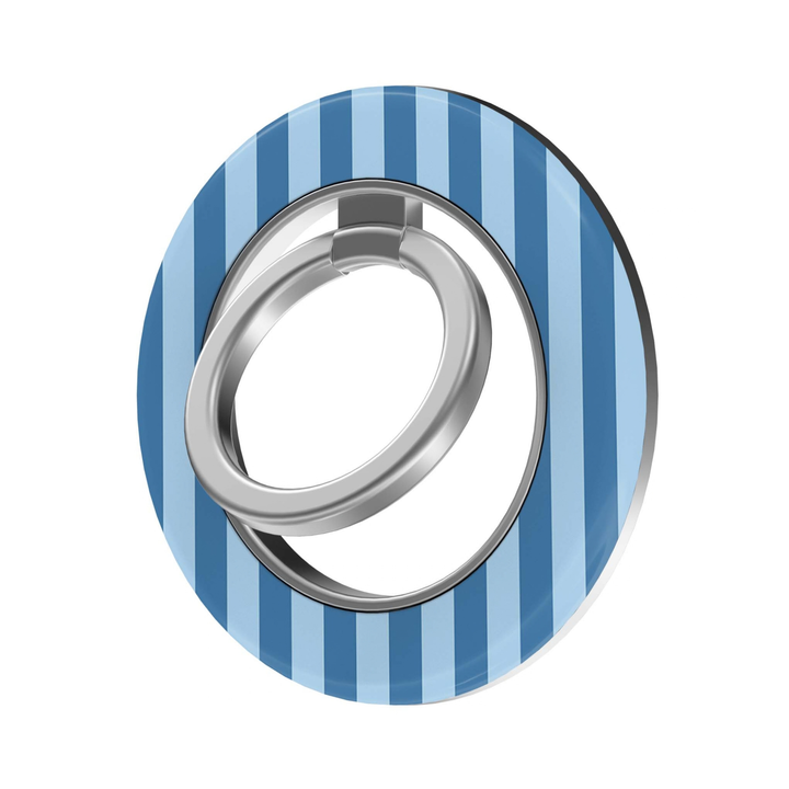 Blue Stripe MagSafe Ring Holder featuring vertical classic blue and light blue stripes with a silver ring, a preppy magnetic phone grip and stand for MagSafe-compatible iPhone cases.