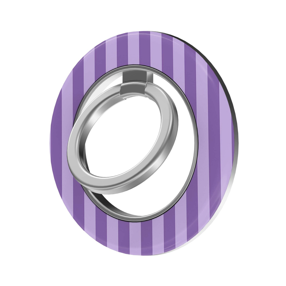 Lavender Stripe MagSafe Ring Holder featuring vertical lavender and purple stripes with a silver ring, a chic preppy magnetic phone grip and stand for MagSafe-compatible iPhone cases.