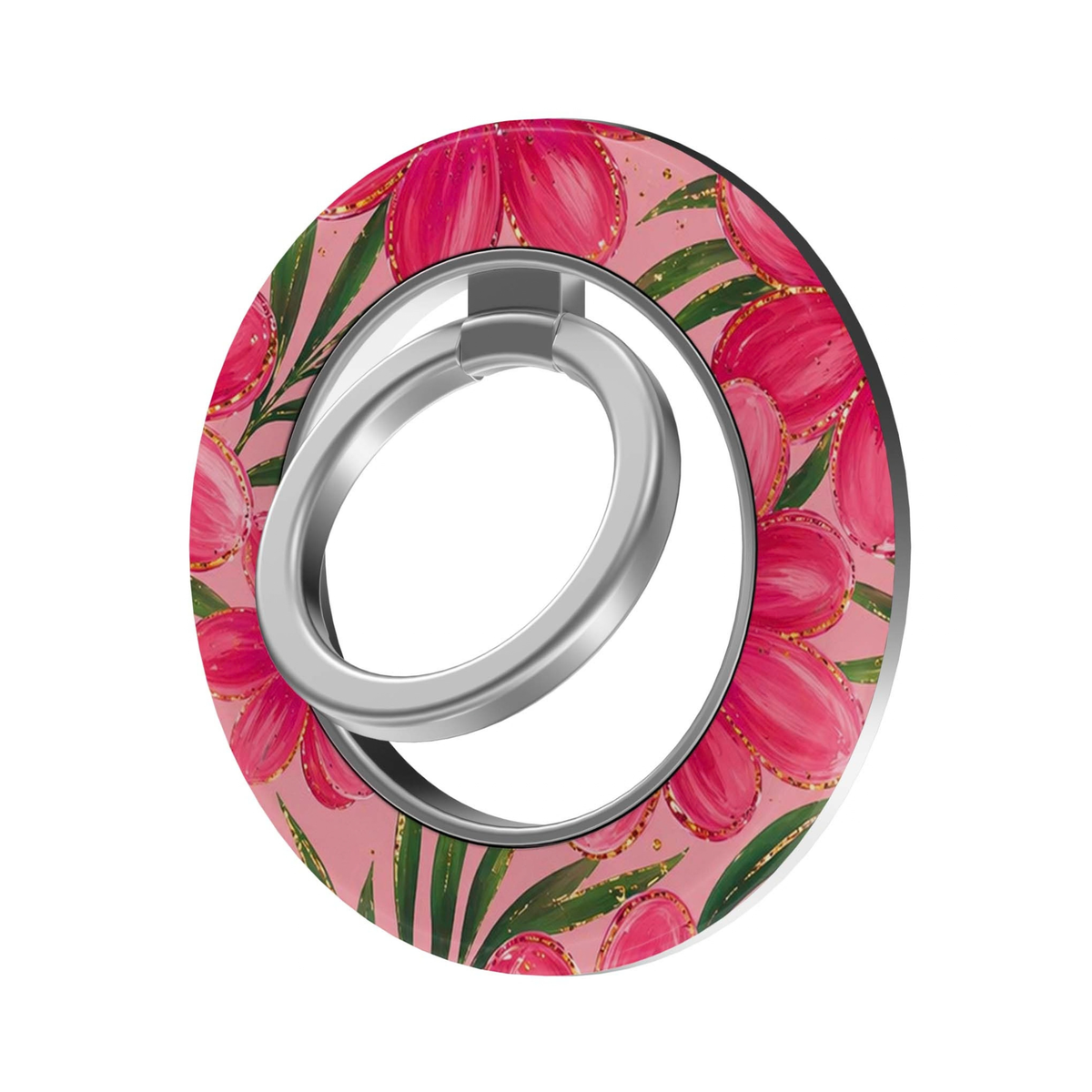 Pink Tulip Garden MagSafe Ring Holder featuring vibrant pink tulips, green leaves and delicate gold accents on a blush pink background, a feminine floral magnetic phone grip and stand for MagSafe-compatible iPhone cases.