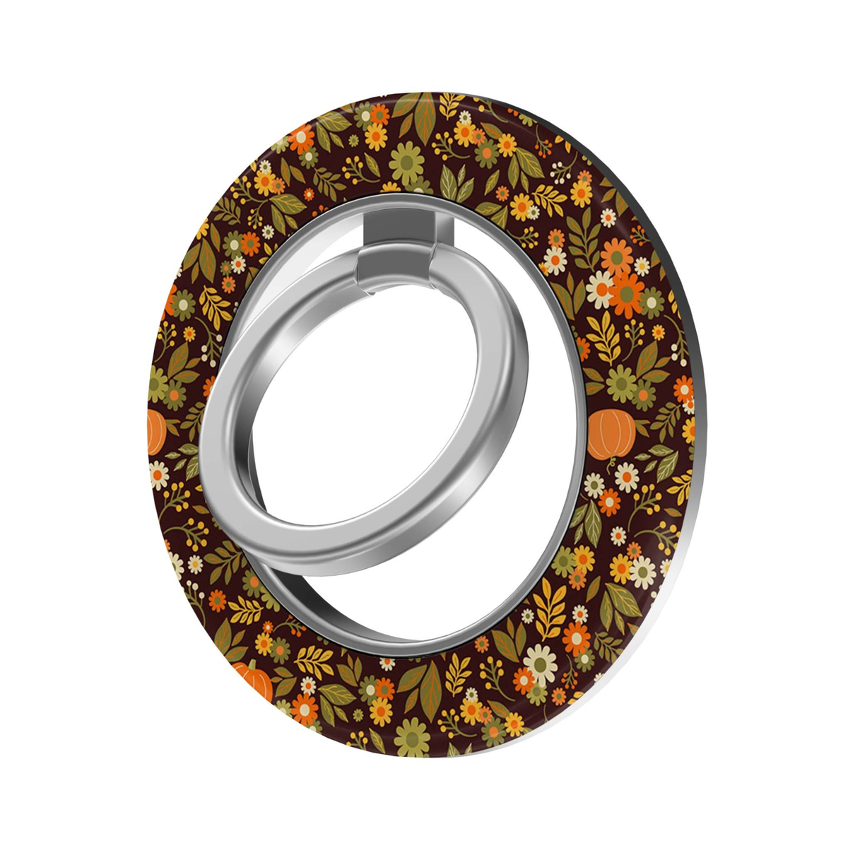 Autumn Heirloom MagSafe Ring Holder featuring tiny orange, mustard, olive and cream fall florals with pumpkins on a dark brown background, a matching magnetic phone grip and stand for MagSafe-compatible iPhone cases.
