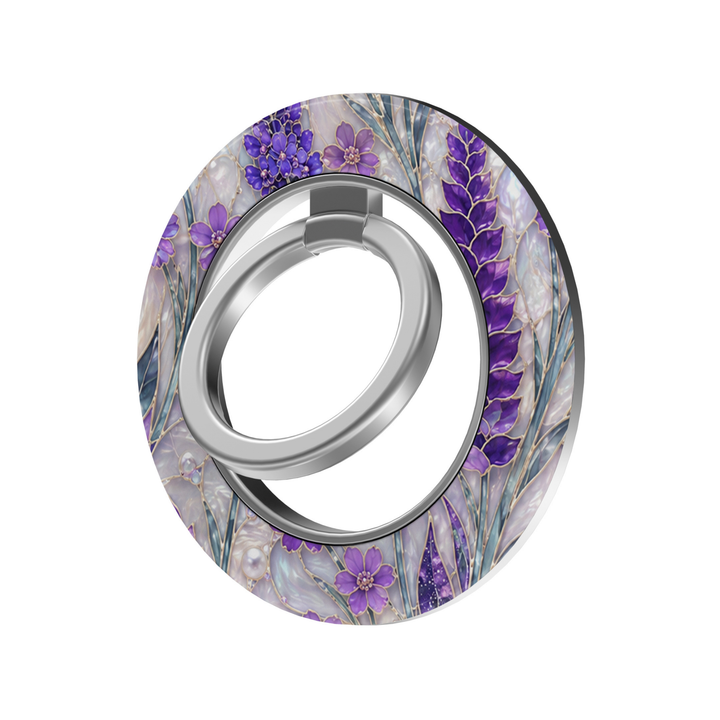 Lavender Pearl Garden MagSafe ring holder featuring purple floral blooms, lavender leaves, pearl details and iridescent stained glass accents with a silver rotating magnetic phone grip.