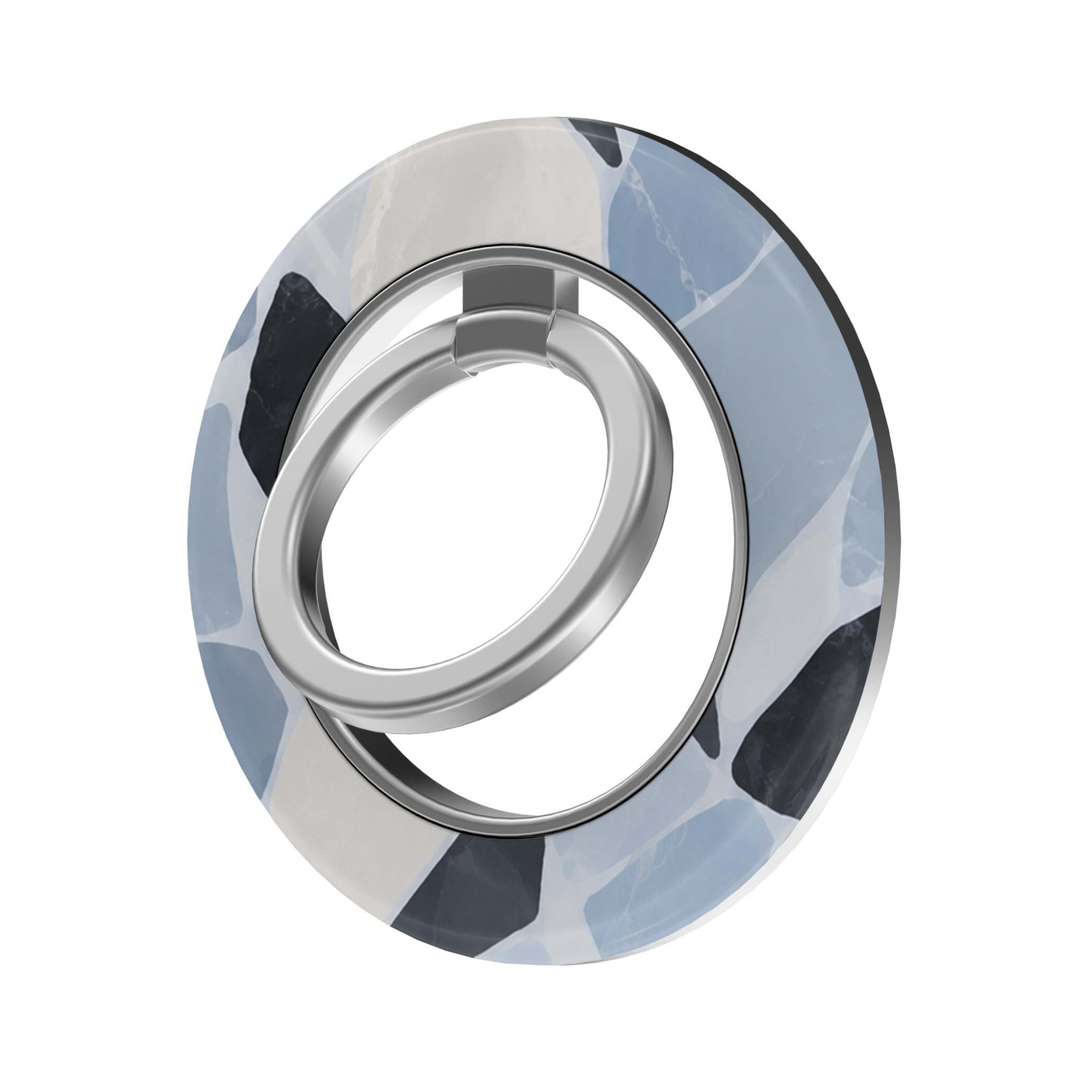 Blue Terrazzo MagSafe Ring Holder featuring an abstract terrazzo pattern in powder blue, soft gray, ivory and charcoal with a silver magnetic ring, a modern phone grip and stand.