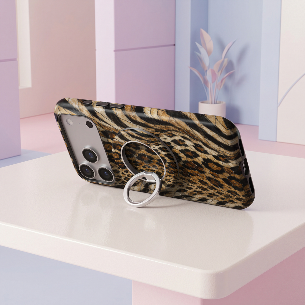 Golden Leopard Glass MagSafe ring holder featuring a luxe stained glass animal print in warm gold, caramel, amber and black with a silver magnetic phone grip and stand.