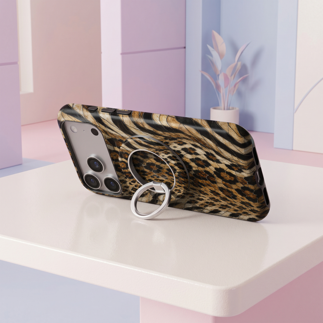 Golden Leopard Glass MagSafe ring holder featuring a luxe stained glass animal print in warm gold, caramel, amber and black with a silver magnetic phone grip and stand.