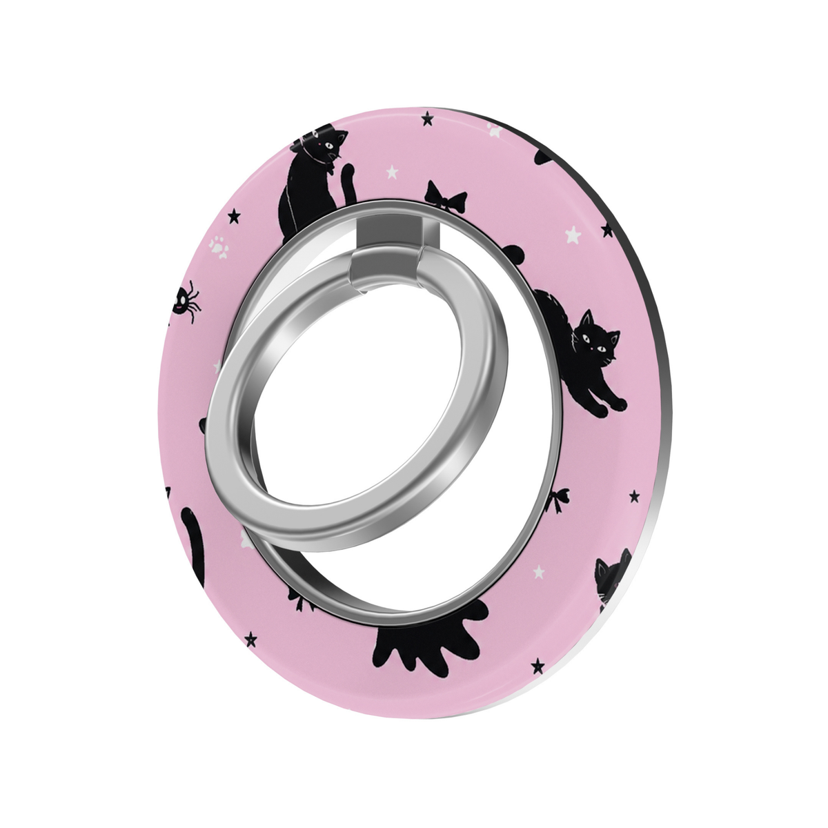 Pink Halloween MagSafe ring holder featuring playful black cats, tiny spiders, bows, stars, and a silver magnetic phone grip and stand.
