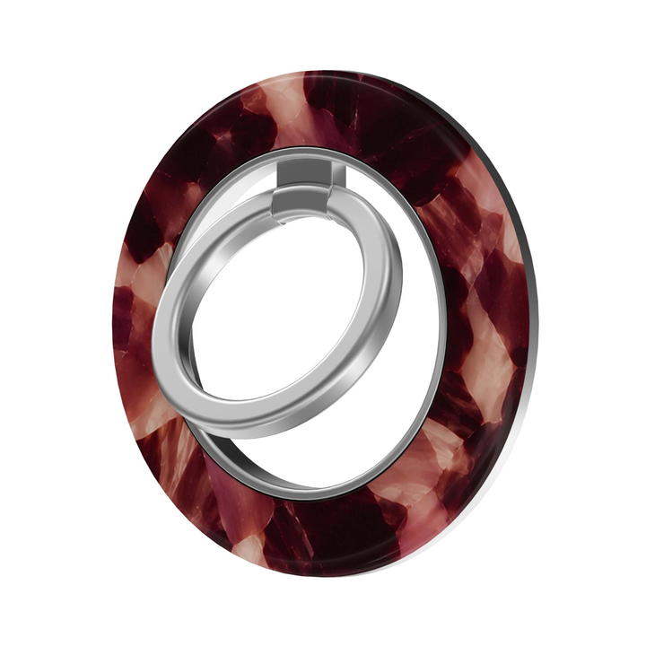 Bordeaux Tortoise MagSafe Ring Holder featuring a glossy tortoiseshell pattern in deep bordeaux, burgundy, wine, dusty rose and blush with a silver magnetic phone ring grip and stand.