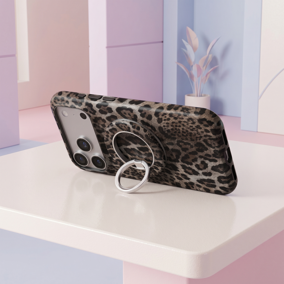 Espresso Leopard MagSafe ring holder featuring a chic neutral brown, taupe and black leopard print with a silver magnetic phone grip and stand.