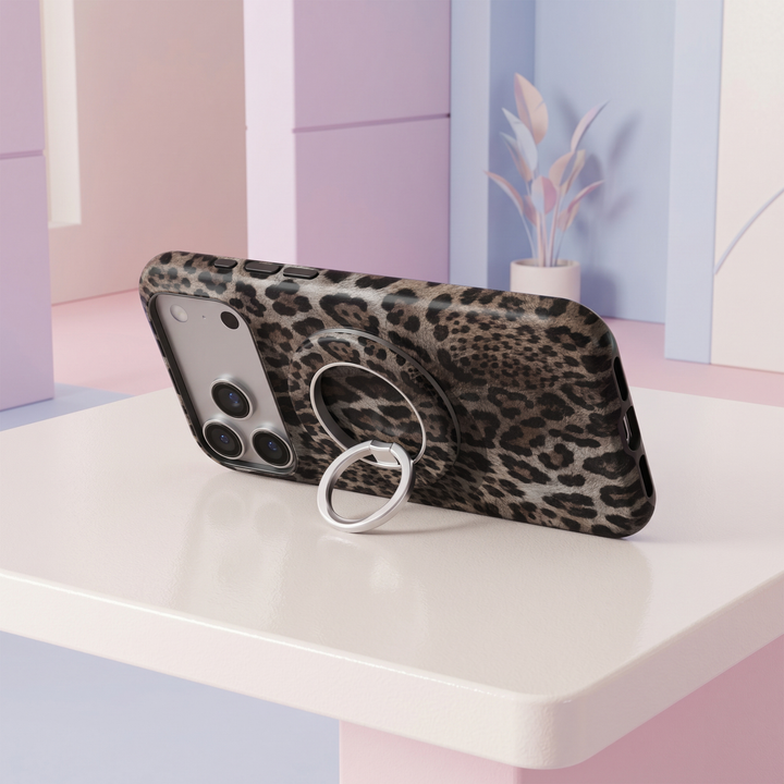 Espresso Leopard MagSafe ring holder featuring a chic neutral brown, taupe and black leopard print with a silver magnetic phone grip and stand.