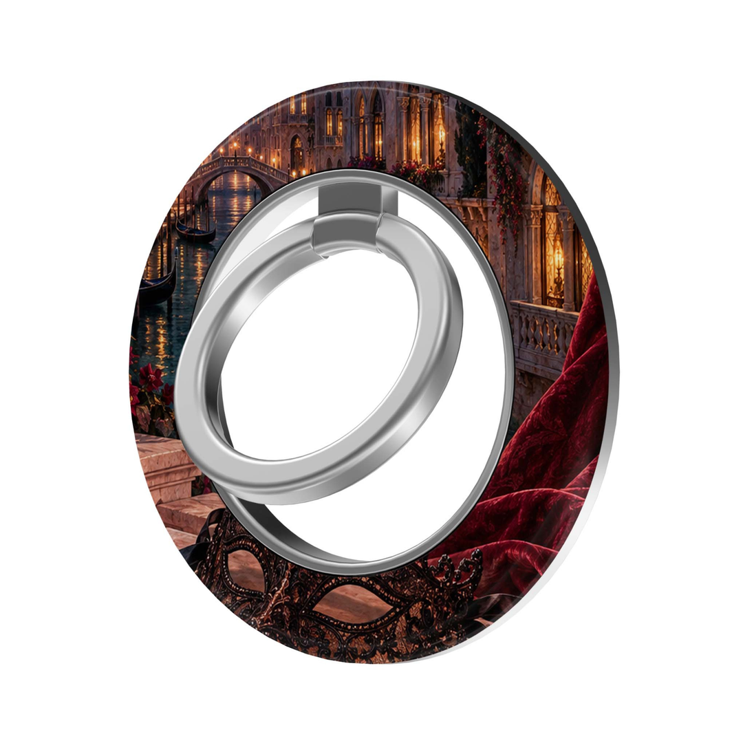 CASELIX Midnight in Venice MagSafe Ring Holder featuring a romantic Venetian canal at night, illuminated architecture, burgundy velvet and a masquerade mask.