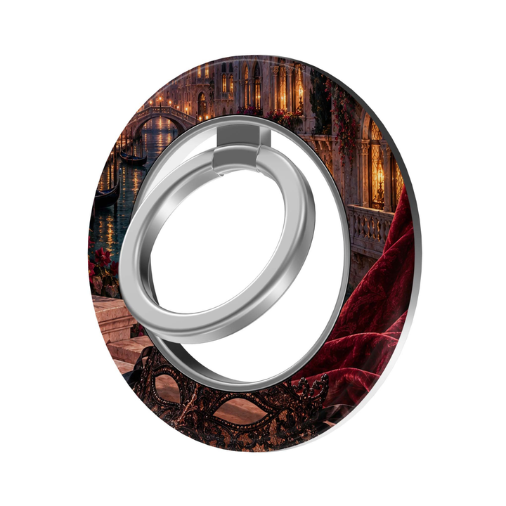 CASELIX Midnight in Venice MagSafe Ring Holder featuring a romantic Venetian canal at night, illuminated architecture, burgundy velvet and a masquerade mask.