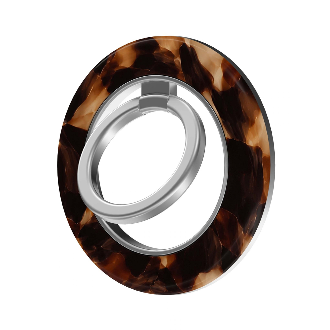 Espresso Tortoise MagSafe Ring Holder featuring a glossy tortoiseshell pattern in deep espresso, chocolate brown, caramel and warm amber with a silver magnetic phone ring grip and stand.