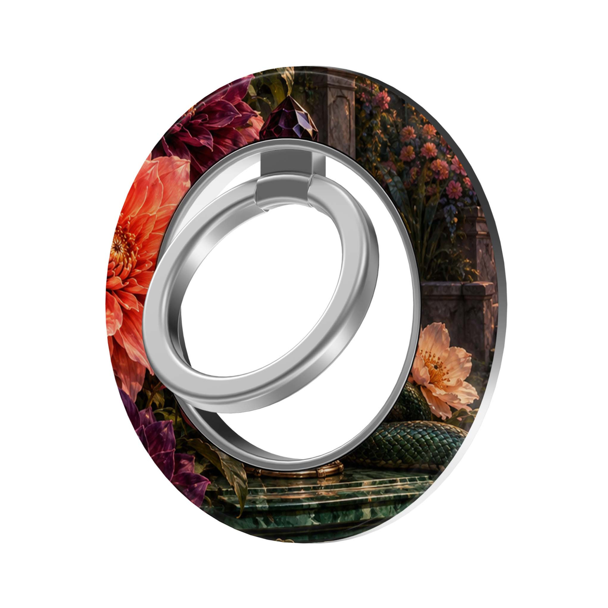 CASELIX Enchanted Garden MagSafe Ring Holder featuring romantic orange and burgundy flowers, dark greenery and a moody garden-inspired design.