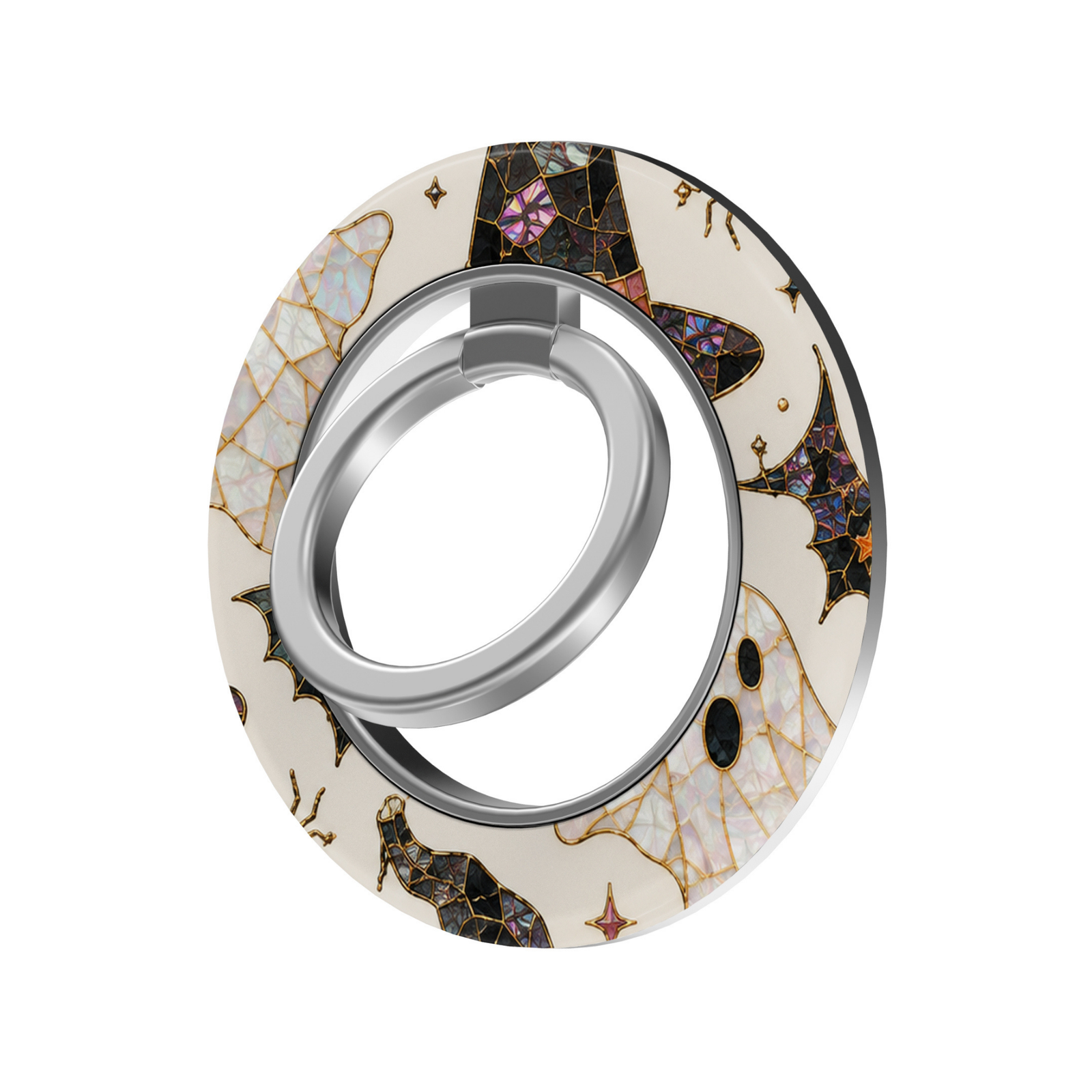 Halloween stained glass MagSafe ring holder featuring opal ghosts, black witch hats, bats, gold accents, and a silver magnetic phone grip and stand.