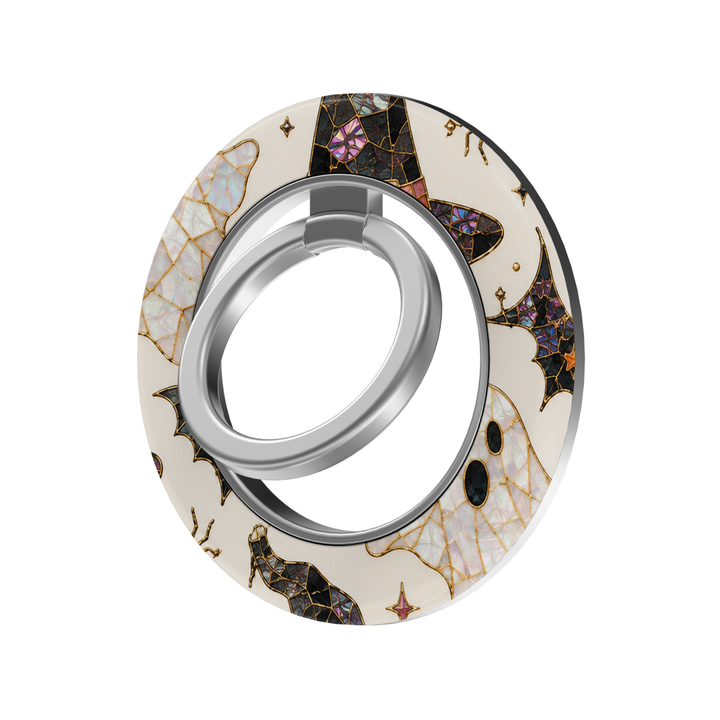 Halloween stained glass MagSafe ring holder featuring opal ghosts, black witch hats, bats, gold accents, and a silver magnetic phone grip and stand.