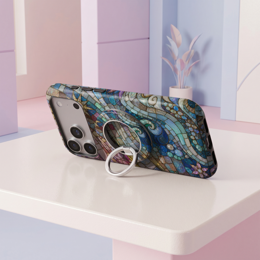 Coastal Opal Mosaic MagSafe ring holder featuring colorful pink, turquoise, aqua, blue and gold stained glass tiles with shimmering opal details and a silver magnetic phone grip.