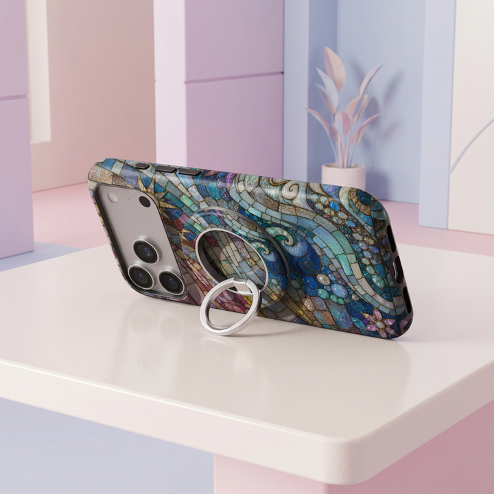 Coastal Opal Mosaic MagSafe ring holder featuring colorful pink, turquoise, aqua, blue and gold stained glass tiles with shimmering opal details and a silver magnetic phone grip.