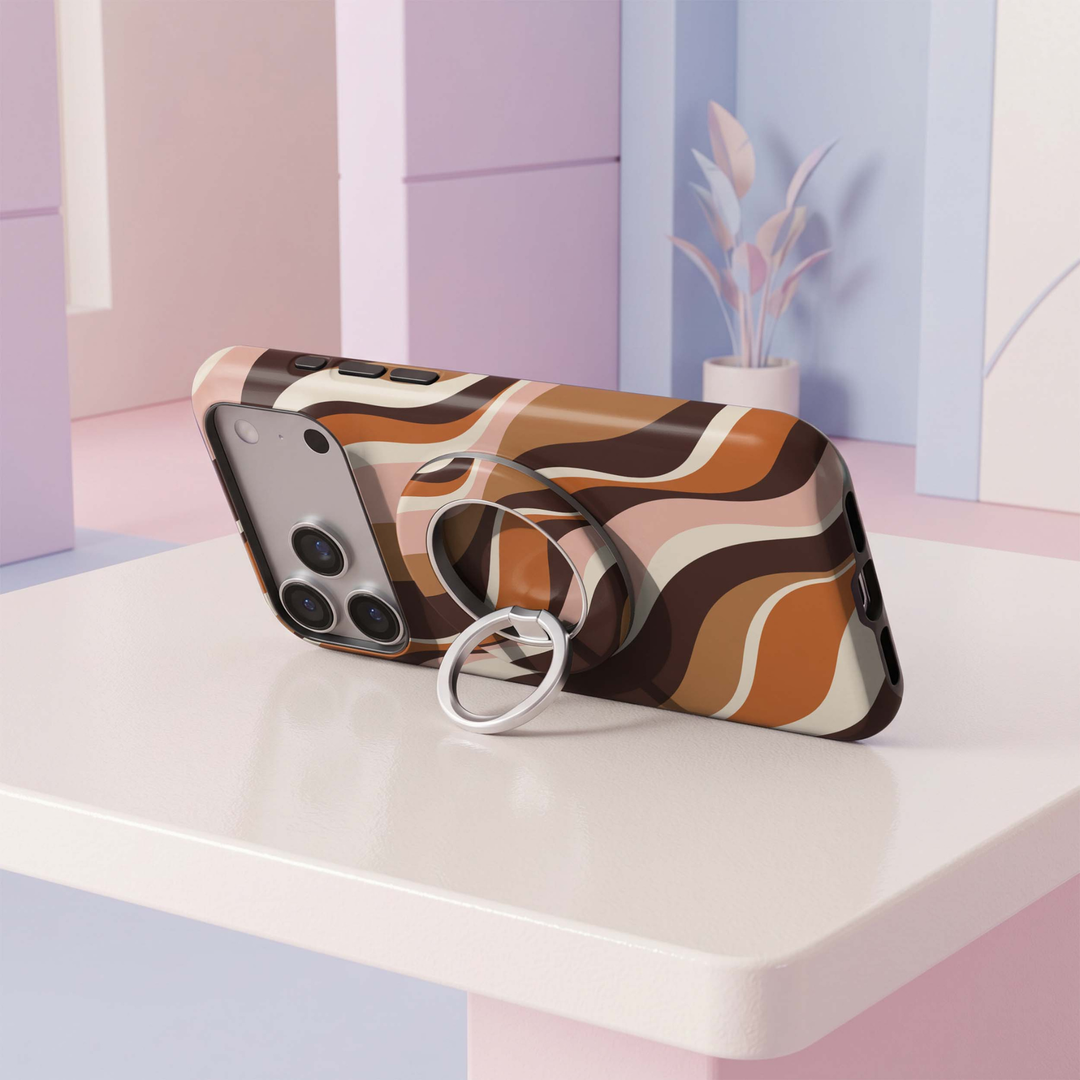 CASELIX Autumn Waves MagSafe Ring Holder featuring retro abstract wavy stripes in chocolate brown, burnt orange, blush pink and cream.