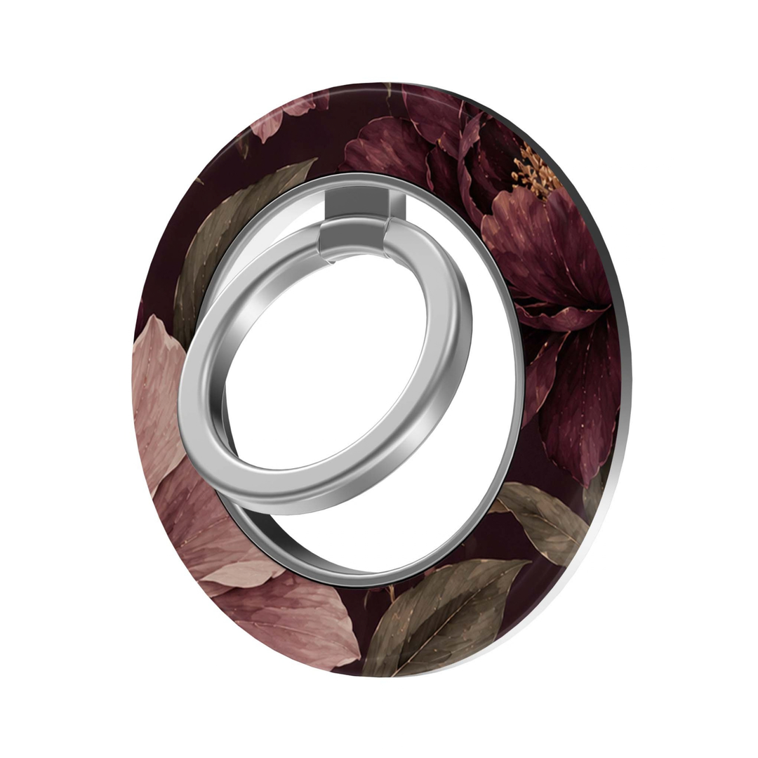 Plum Conservatory MagSafe Ring Holder featuring deep plum, burgundy and dusty mauve florals with muted olive leaves on a rich wine background, finished with a silver magnetic phone ring grip and stand.