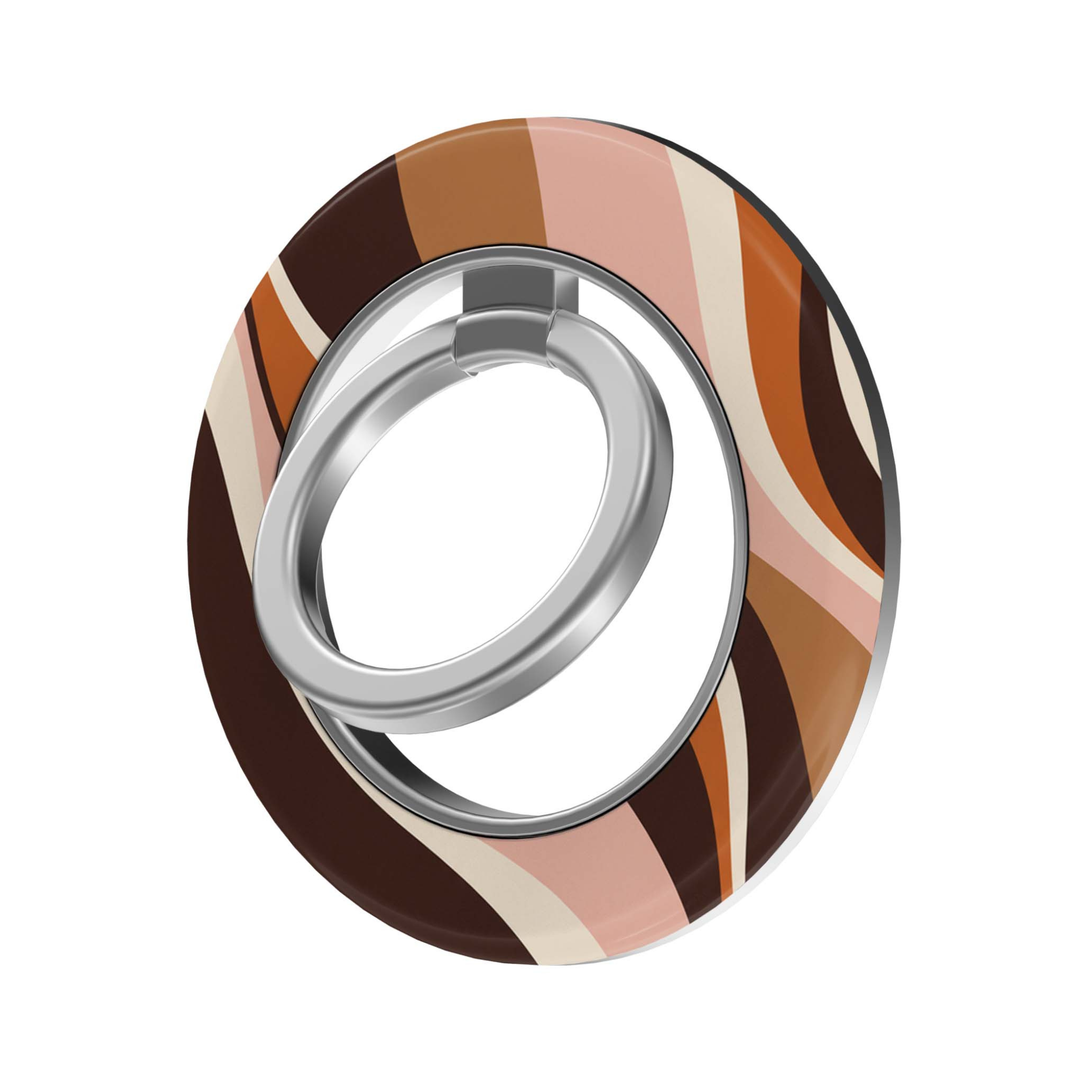 CASELIX Autumn Waves MagSafe Ring Holder featuring retro abstract wavy stripes in chocolate brown, burnt orange, blush pink and cream.