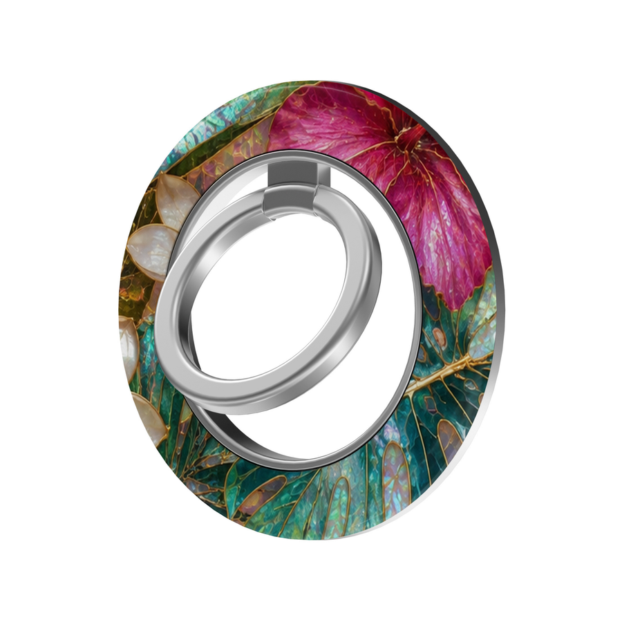 Emerald green and fuchsia floral stained glass MagSafe ring holder with iridescent details, gold accents, and a silver magnetic phone grip and stand.