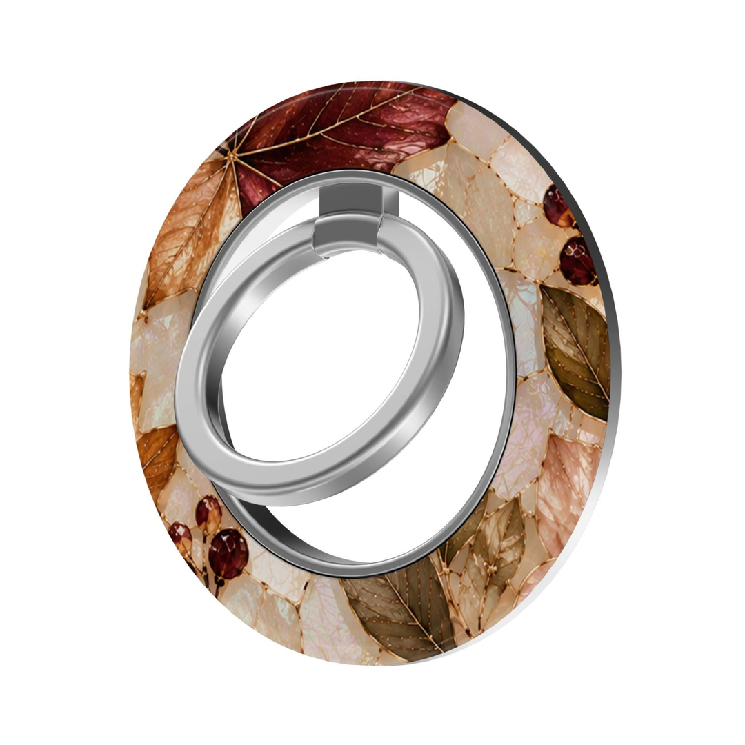 Autumn Heirloom MagSafe Ring Holder featuring luminous burgundy, amber, champagne, blush and olive autumn leaves with berries on a pearlescent background, finished with a silver magnetic phone ring grip and stand.