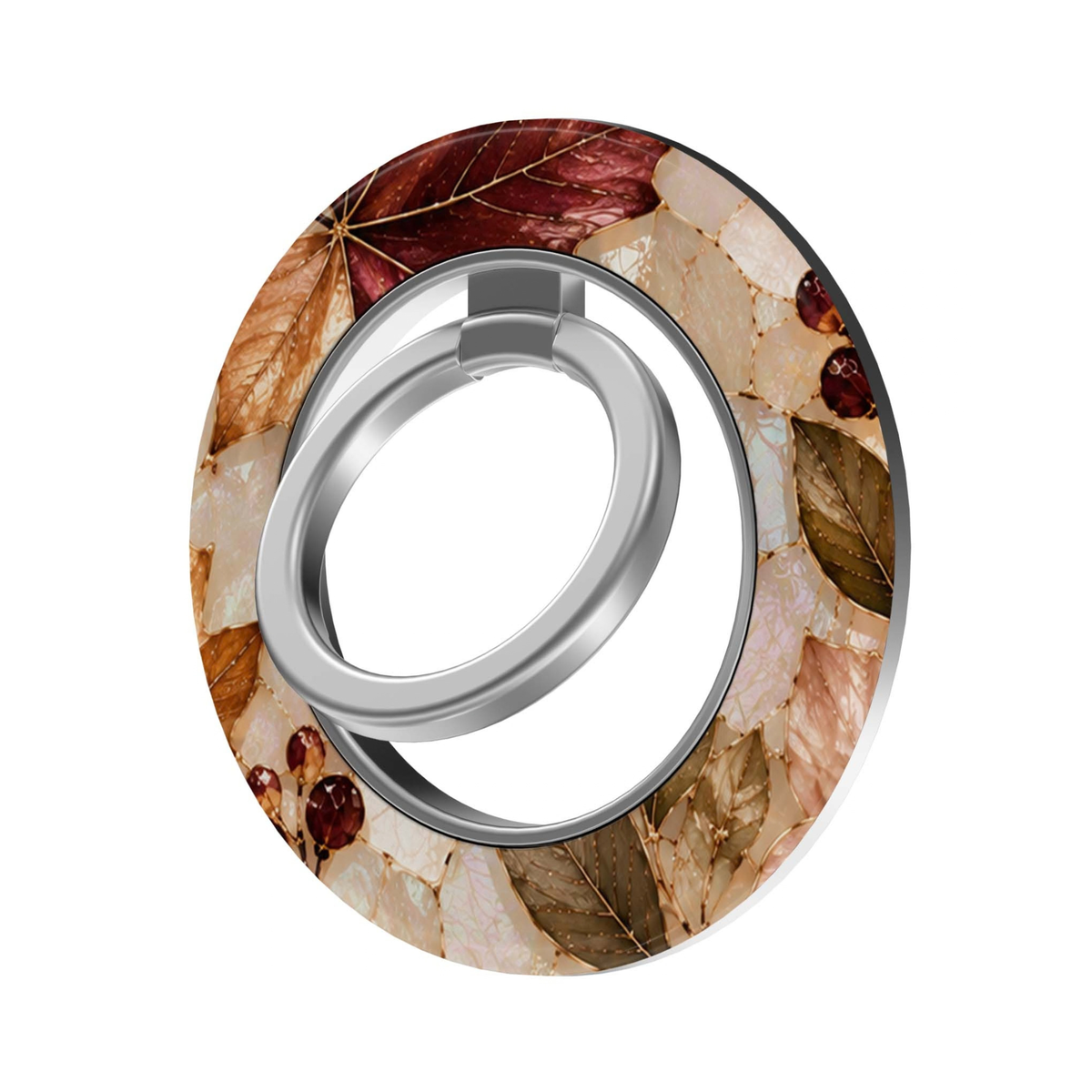 Autumn Heirloom MagSafe Ring Holder featuring luminous burgundy, amber, champagne, blush and olive autumn leaves with berries on a pearlescent background, finished with a silver magnetic phone ring grip and stand.