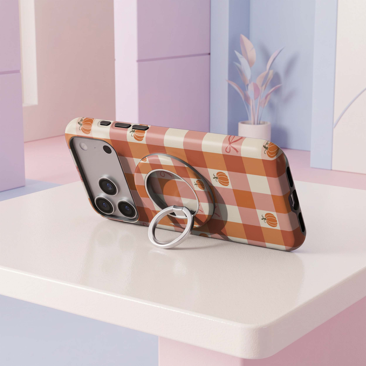 CASELIX Pumpkin Plaid MagSafe Ring Holder featuring orange, blush pink and cream gingham checks with cute pumpkins and ribbon bows.