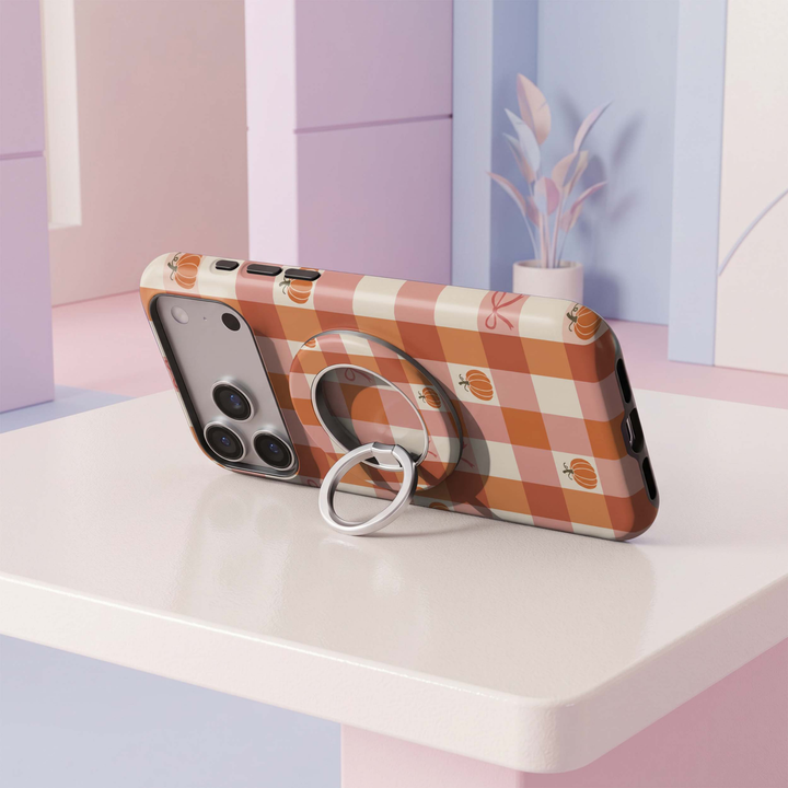 CASELIX Pumpkin Plaid MagSafe Ring Holder featuring orange, blush pink and cream gingham checks with cute pumpkins and ribbon bows.