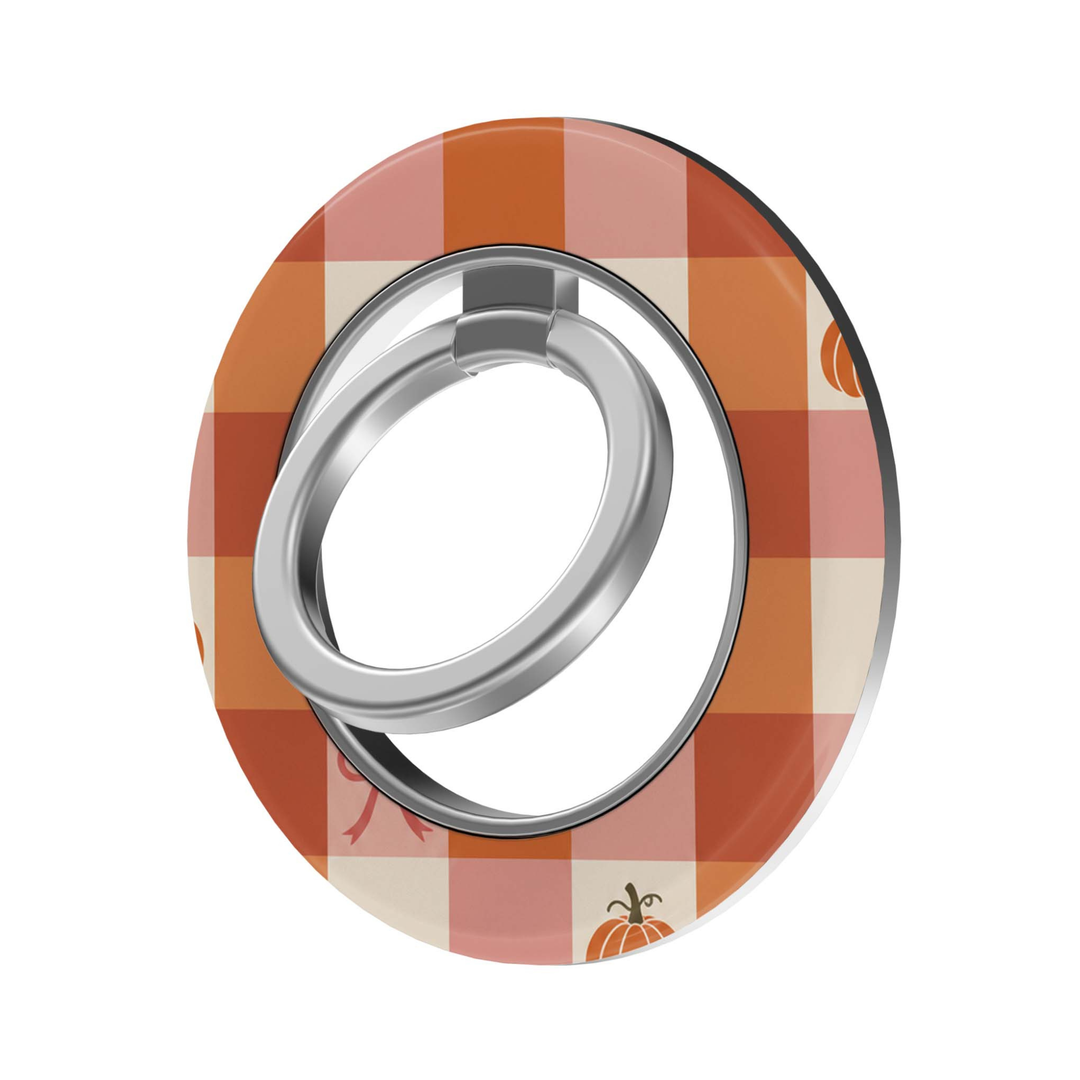 CASELIX Pumpkin Plaid MagSafe Ring Holder featuring orange, blush pink and cream gingham checks with cute pumpkins and ribbon bows.