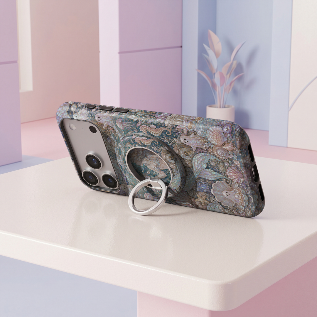 Mermaid Cove MagSafe ring holder featuring an iridescent ocean mosaic with seashells, pearls, seahorses and flowing aqua blue waves with a silver magnetic phone grip.