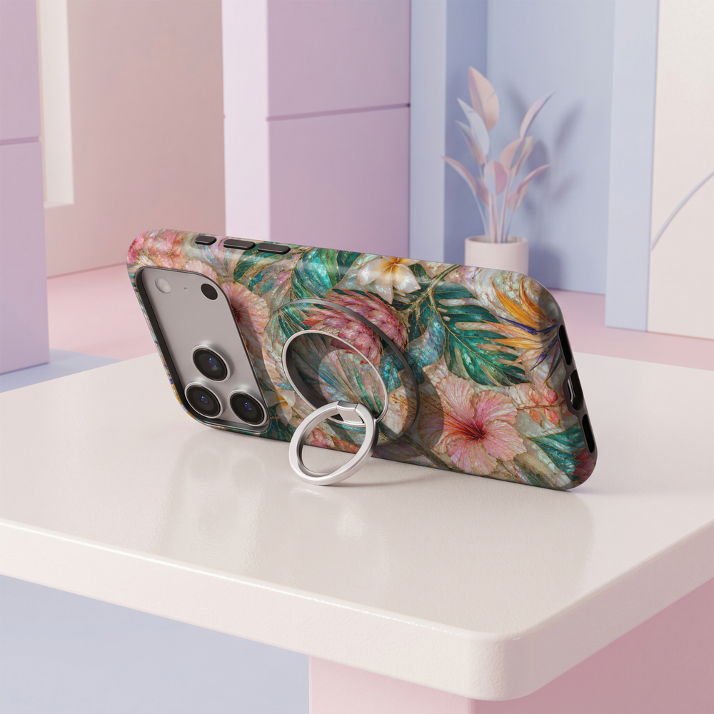 Teal and blush floral stained glass MagSafe ring holder with opal-inspired flowers, gold detailing, and a silver magnetic phone grip and stand.