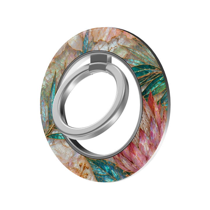 Teal and blush floral stained glass MagSafe ring holder with opal-inspired flowers, gold detailing, and a silver magnetic phone grip and stand.