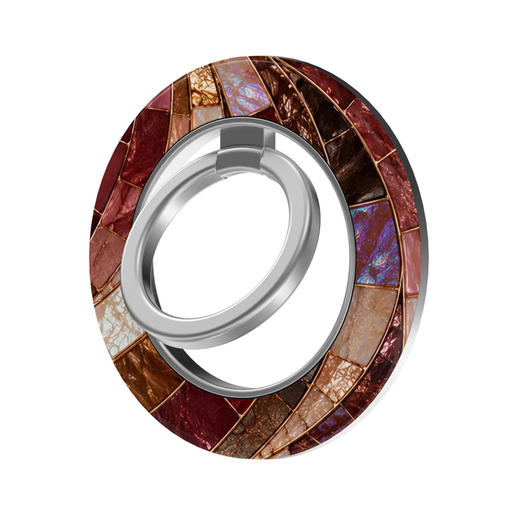 Merlot Mosaic MagSafe Ring Holder featuring a stained-glass mosaic in merlot, burgundy, blush, champagne, bronze and pearlescent opal tones with gold-inspired detailing and a silver magnetic phone ring grip and stand.